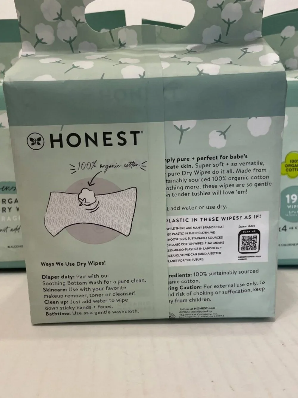 Honest Company 100% Organic Cotton DRY Wipes Multi-Use 192 ct x3 = 576 wipes